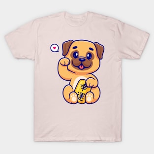 Cute Lucky Pug Dog Holding Gold Coin Cartoon T-Shirt